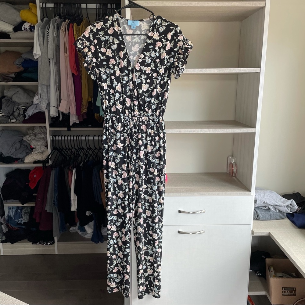 CeCe Duchess Floral Print Faux Wrap Jumpsuit